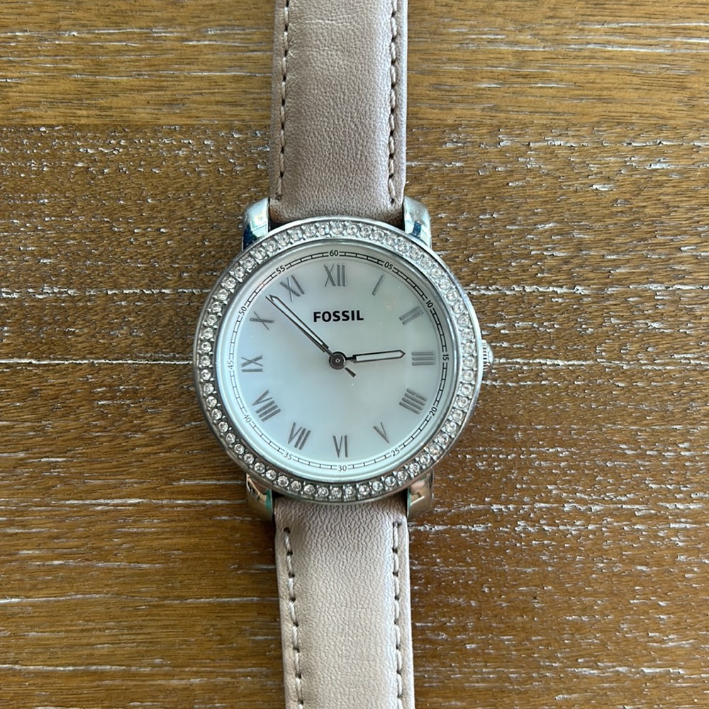 Fossil Mother of Pearl and Leather Watch